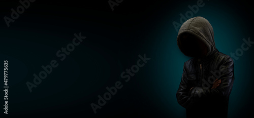 Hacker in dark mode with hood cover banner template © stockyme