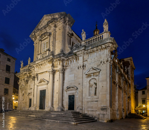Evening view of the Cathedral of the Assumption of the Virgin Mary in the old town of Dubrovnik, Croatia