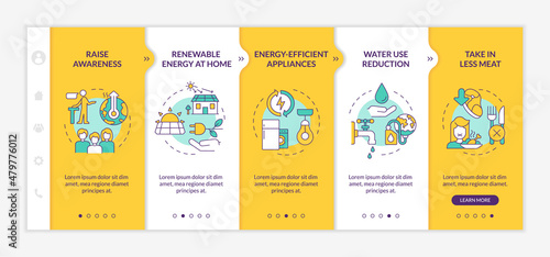 Preventing climate change yellow onboarding template. Save energy and water. Responsive mobile website with linear concept icons. Web page walkthrough 5 step screens. Lato-Bold, Regular fonts used
