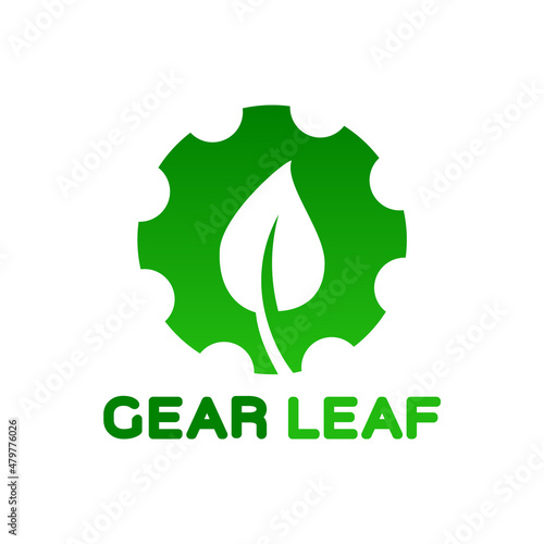 Green gear with a white leaf. Green industry logo. Ecological friendly technology symbol. Cogwheel Sustainable development. Zero emission, carbon neutral concept. Vector illustration, flat, clip art.