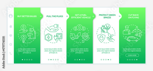 Preventing global warming green gradient onboarding template. Responsive mobile website with linear concept icons. Web page walkthrough 5 step screens. Lato-Bold  Regular fonts used