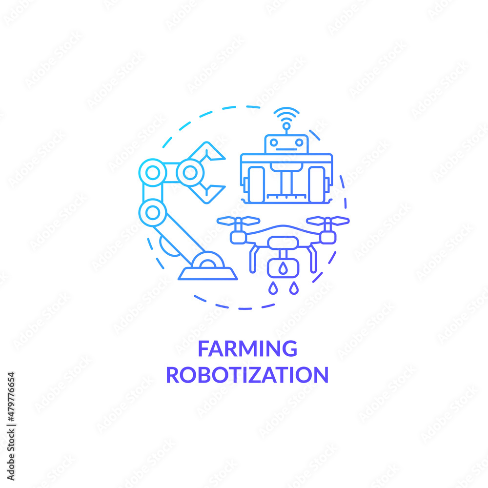 Farming robotization blue gradient concept icon. Technology for horticultural tasks abstract idea thin line illustration. Isolated outline drawing. Roboto-Medium, Myriad Pro-Bold fonts used Farming robotization blue gradient concept icon. Technology for horticultural tasks abstract idea thin line illustration. Isolated outline drawing. Roboto-Medium, Myriad Pro-Bold fonts used