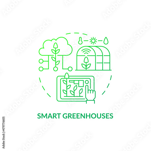 Smart greenhouses green gradient concept icon. Smart farming abstract idea thin line illustration. Microclimate regulation. Isolated outline drawing. Roboto-Medium, Myriad Pro-Bold fonts used