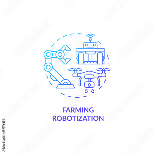 Farming robotization blue gradient concept icon. Technology for horticultural tasks abstract idea thin line illustration. Isolated outline drawing. Roboto-Medium, Myriad Pro-Bold fonts used