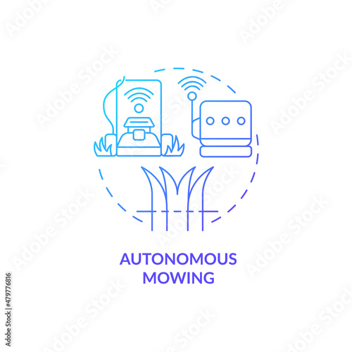 Autonomous mowing blue gradient concept icon. Electric lawn mower abstract idea thin line illustration. Use artificial intelligence. Isolated outline drawing. Roboto-Medium, Myriad Pro-Bold fonts used