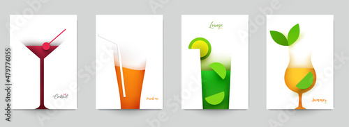 Set of abstract silhouette cocktails with alcohol or juice in minimalistic geometric flat style. Creative colorful composition. Concept for branding menu, cover, flyer, banner. Vector illustration.