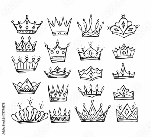 Hand drawn luxurious royal crowns in doodle or sketch style. A rough draft of the crown.