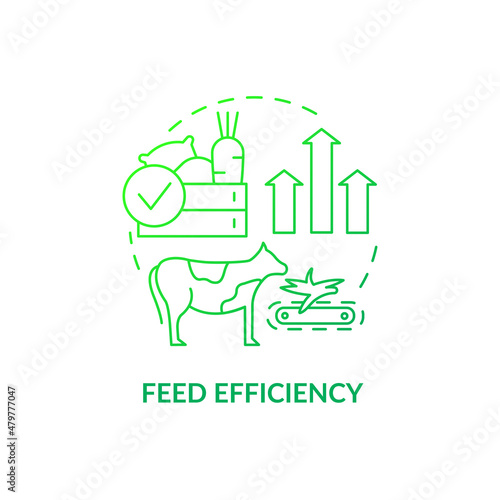 Feed efficiency green gradient concept icon. Beef production abstract idea thin line illustration. Convert feed nutrients into milk. Isolated outline drawing. Roboto-Medium, Myriad Pro-Bold fonts used