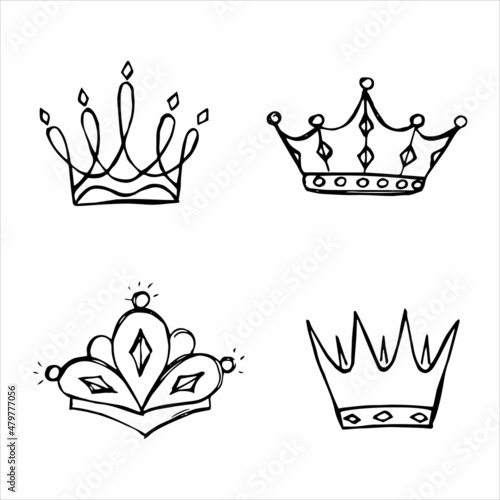 Hand drawn luxurious royal crowns in doodle or sketch style. A rough draft of the crown.