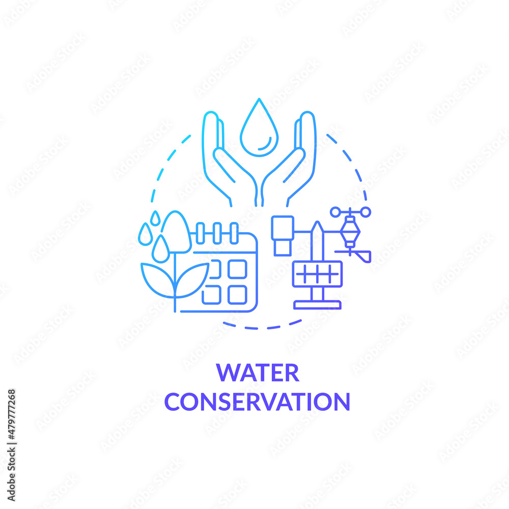 Water conservation blue gradient concept icon. Sustainable agriculture abstract idea thin line illustration. Water use efficiency. Isolated outline drawing. Roboto-Medium, Myriad Pro-Bold fonts used