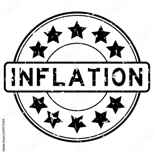 Grunge black inflation word with star icon round rubber seal stamp on white background