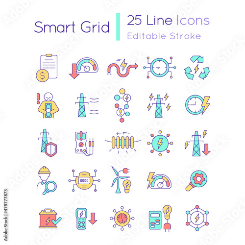 Smart grid RGB color icons set. Intelligent power network. Energy technology. Isolated vector illustrations. Simple filled line drawings collection. Editable stroke. Quicksand-Light font used