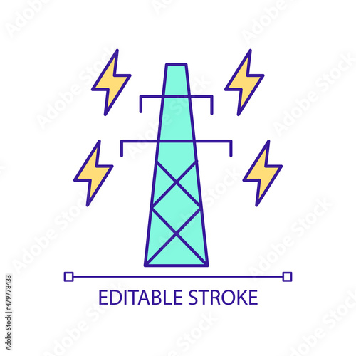 Power transmission lines RGB color icon. Electric energy distribution. Smart grid equipment. Isolated vector illustration. Simple filled line drawing. Editable stroke. Arial font used