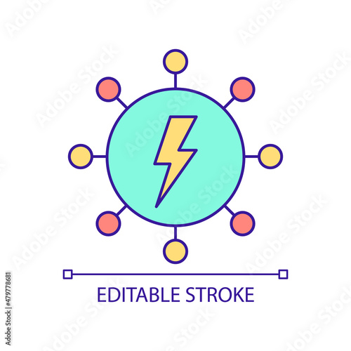 Lower load of electric power network RGB color icon. Smart grid feature. Energy distribution system. Isolated vector illustration. Simple filled line drawing. Editable stroke. Arial font used