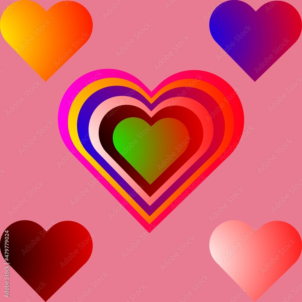 colorful gradient stacked hearts illustration on pink background