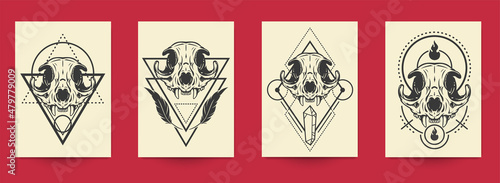 Set of hand drawn art composition with animal skulls in monochrome vintage style isolated on white background. Collection templates for poster, tattoo. Modern design elements. Vector illustration.