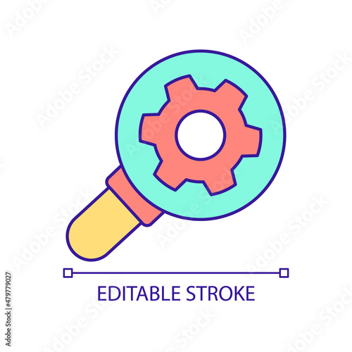Mechanism setting checkup RGB color icon. Magnifier glass and cog wheel. Industrial processes control. Isolated vector illustration. Simple filled line drawing. Editable stroke. Arial font used