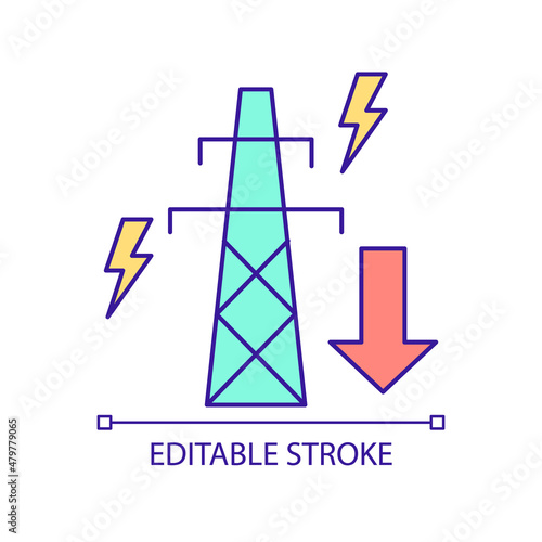 Reduction of peak demand RGB color icon. Power transmission lines balance. Smart grid component. Isolated vector illustration. Simple filled line drawing. Editable stroke. Arial font used