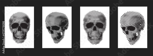 Fotografie, Obraz Set of hand drawn art composition with skulls in monochrome vintage style isolated on white background