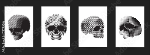 Set of hand drawn art composition with skulls in monochrome vintage style isolated on white background. Collection templates for banner, poster, tattoo. Modern design elements. Vector illustration.