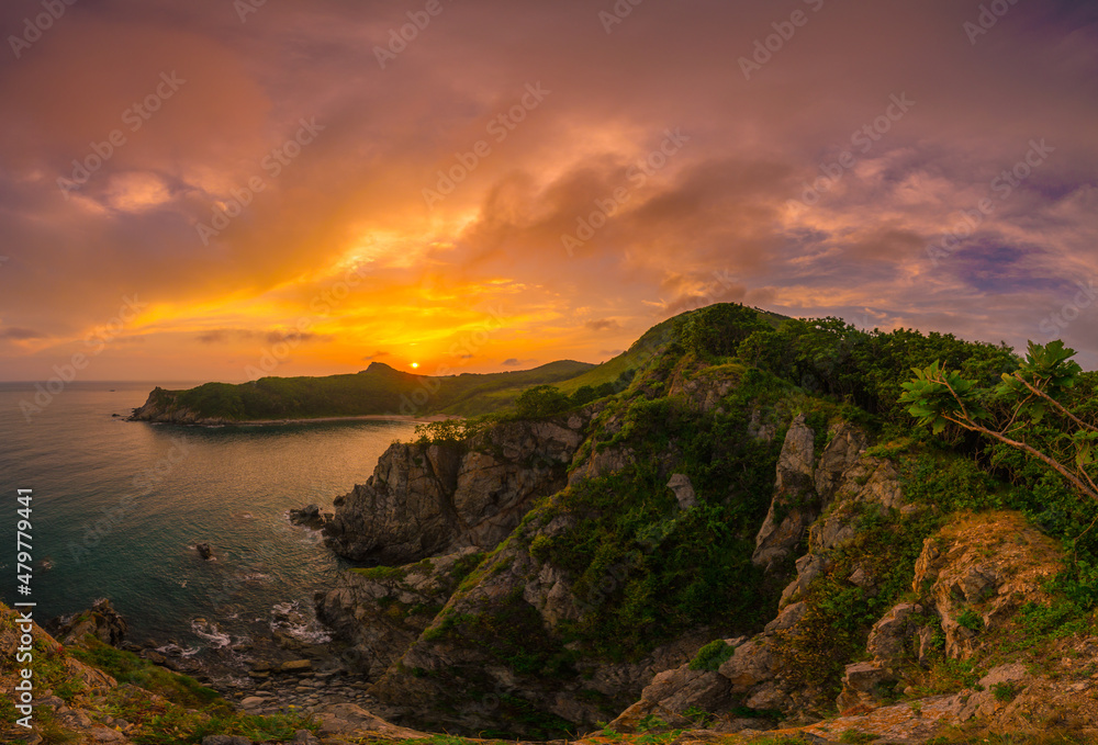 Sunset over the sea, mountains by the sea, sunset in the mountains, sun, summer, hills, ocean, sea,
