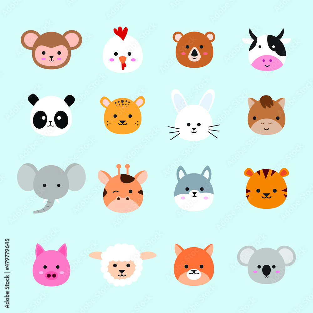 set of animal head illustrations in a cute style. a collection of animal cartoons in a vector graphic. a funny element decoration in a flat drawing.