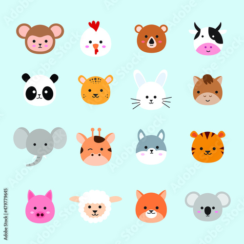 Fototapeta Naklejka Na Ścianę i Meble -  set of animal head illustrations in a cute style. a collection of animal cartoons in a vector graphic. a funny element decoration in a flat drawing.