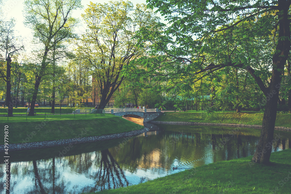 Saint Petersburg, Russia. Spring park, green leaves by the trees and pond. St Petersburg in the spring. Nature of Russia. Saint Petersburg, Russia. Spring park, green leaves by the trees and pond. St Petersburg in the spring. Nature of Russia.