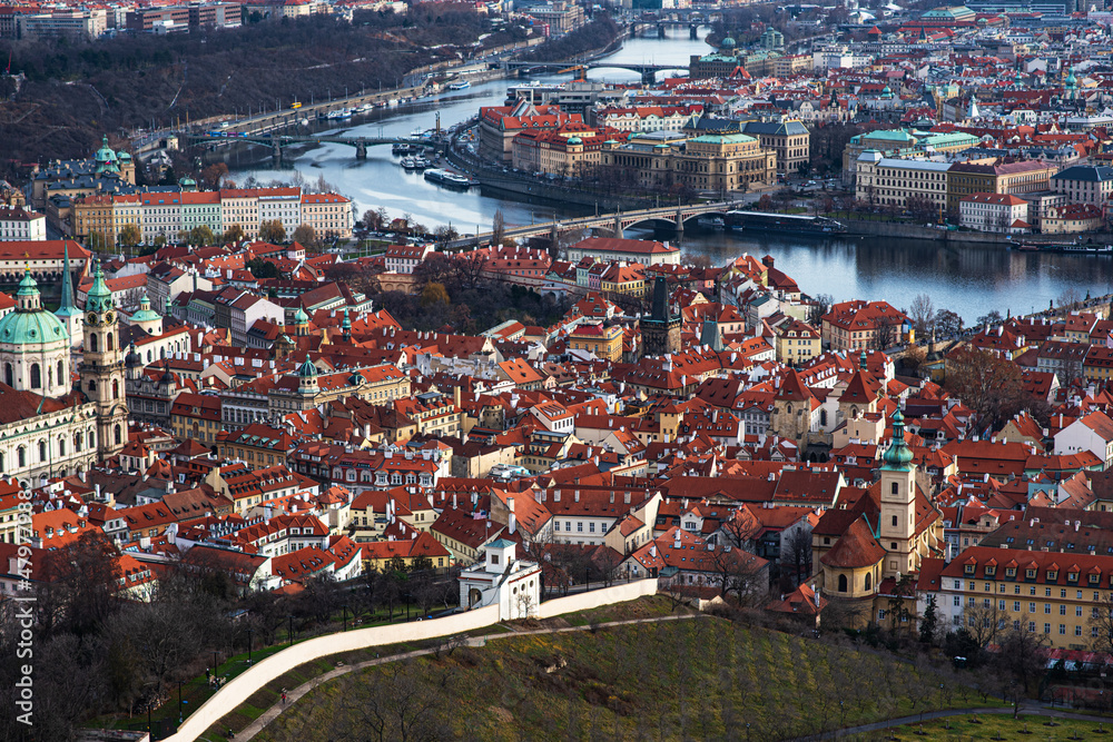 Rooftop view over historical center of Prague, Czech republic, Prague Castle. Romantic travel destination. Vintage filter of image.