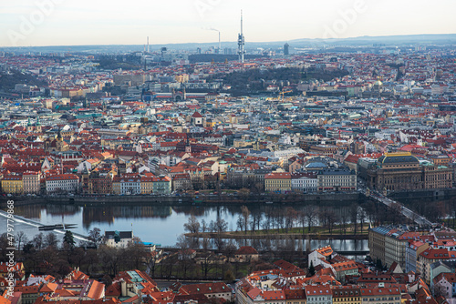 Rooftop view over historical center of Prague, Czech republic, Prague Castle. Romantic travel destination. Vintage filter of image.