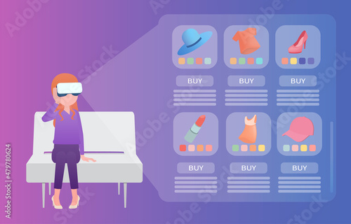 A woman sits on a couch wearing VR glasses to experience a 3D product on a metaverse screen. Vector illustration of the future.