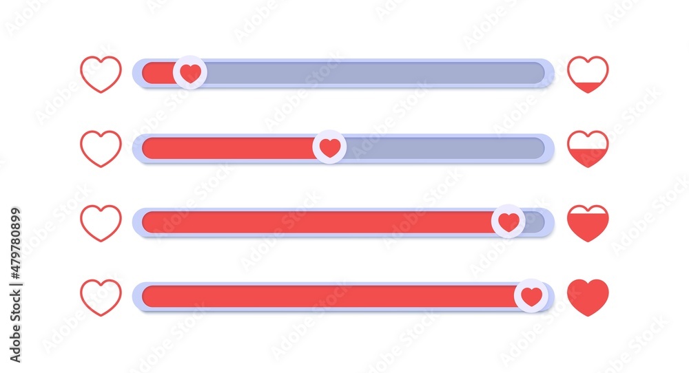 A set of sliders for determining the level of approval. Collection of movable buttons with red hearts, appreciating lively like. Element template for head on social media, mobile app, feedback swipe. A set of sliders for determining the level of approval. Collection of movable buttons with red hearts, appreciating lively like. Element template for head on social media, mobile app, feedback swipe.