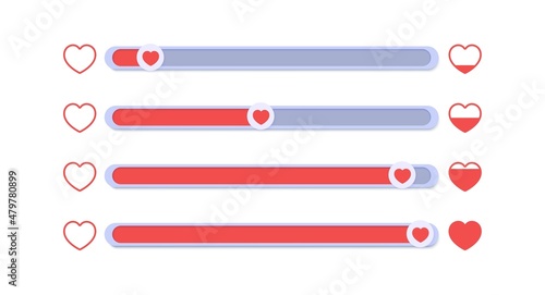 A set of sliders for determining the level of approval. Collection of movable buttons with red hearts, appreciating lively like. Element template for head on social media, mobile app, feedback swipe.