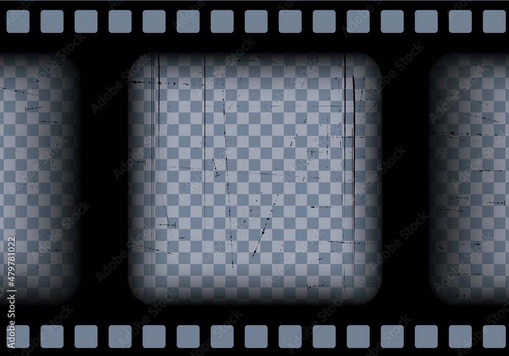 Old black cinematic frame on a transparent background. Scratched vintage video or photo tape. 3d realistic screen in retro style with grunge pattern. Antique slide template. Vector card illustration