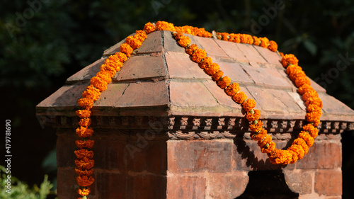 Orange Marigold flower displayed during the Tihar hindu festival in Nepal. photo