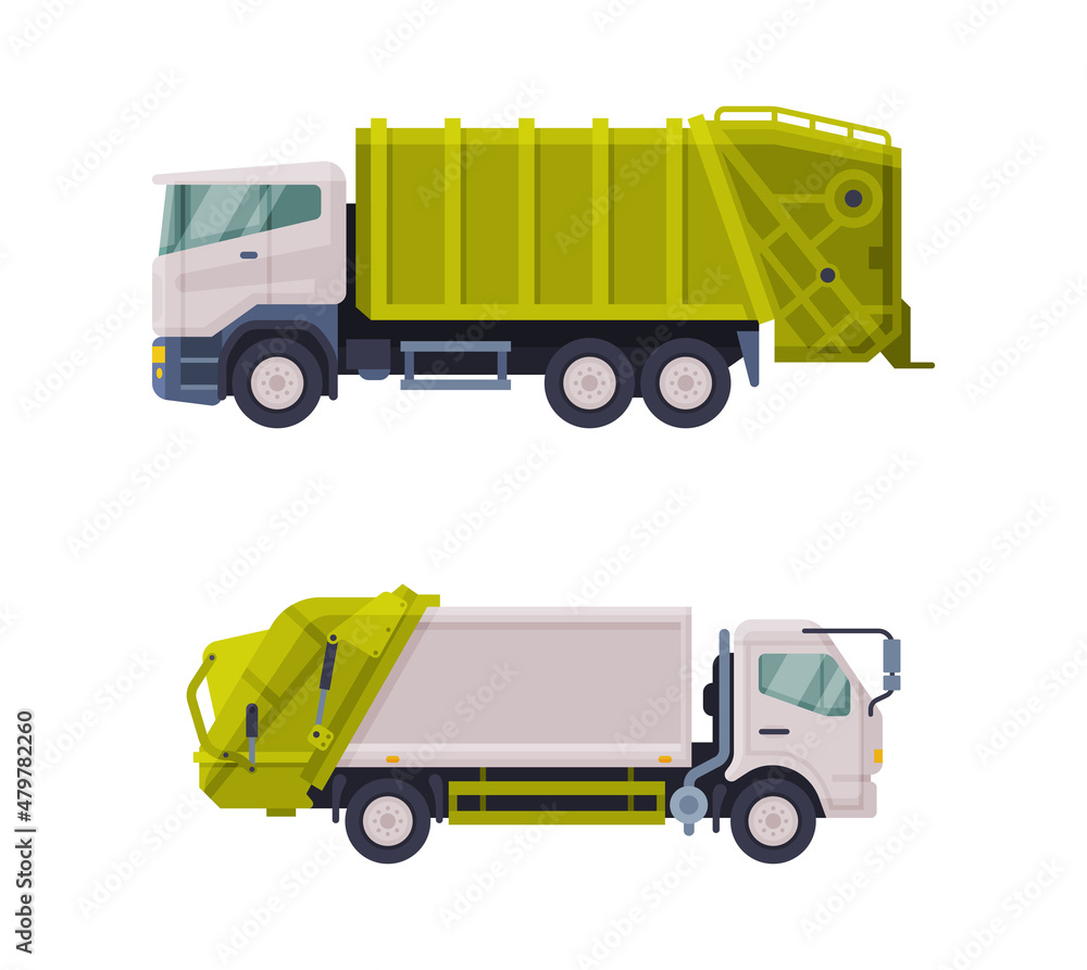 Fototapeta premium Garbage Truck for Transporting Solid Waste to Recycling Center Vector Set