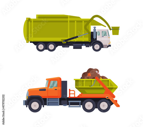 Garbage Truck for Transporting Solid Waste to Recycling Center Vector Set