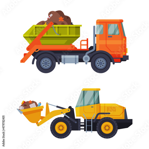 Waste Management or Garbage Processing with Machine Engaged in Trash Treatment Vector Set