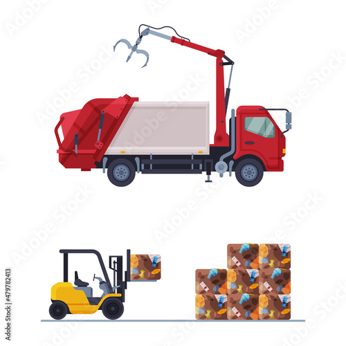 Waste Management or Garbage Processing with Machine Engaged in Trash Treatment Vector Set
