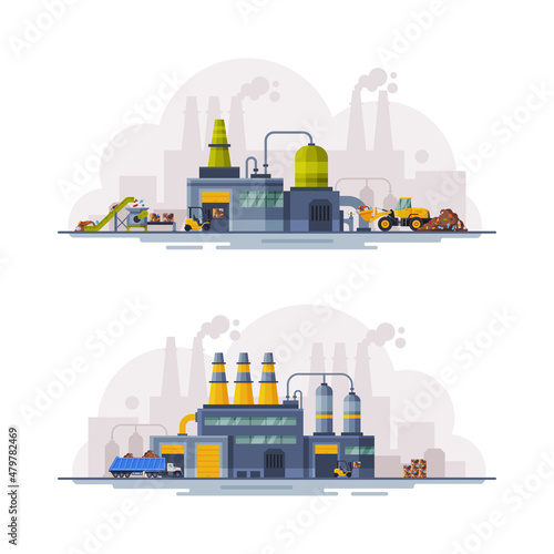 Waste Management or Garbage Processing Factory or Plant Vector Set