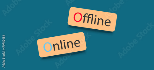 Business and market concept. Offline and online text on yellow tag with green background. E-commerce.