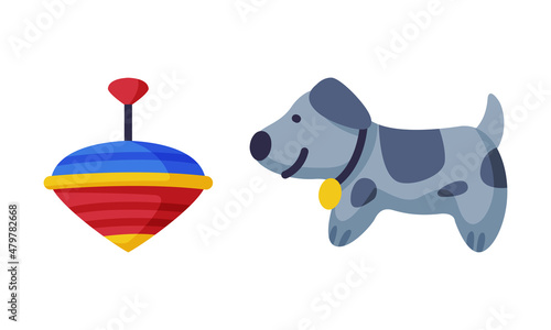 Pegtop and Dog as Colorful Kids Toy Vector Set