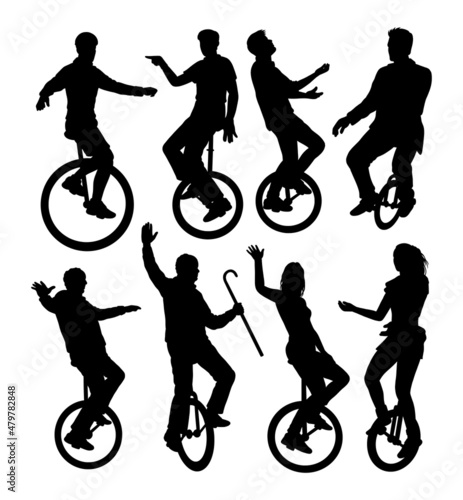 male and female playing one wheel bicycle silhouette