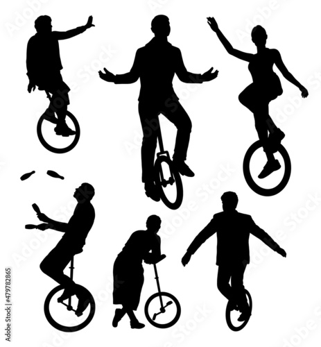 male and female people playing one wheel bicycle silhouette