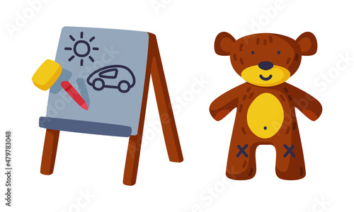 Drawing Board and Plush Teddy Bear as Colorful Kids Toy Vector Set photo