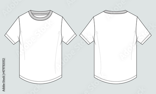 Short Sleeve With Round Bottom T-shirt technical fashion Flat Sketch Vector Illustration Template Front And Back views. Basic apparel design Mock up CAD easy editable and customizable.
