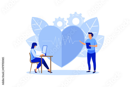 Male and female cardiologists are checking up heart of patient on beige background. Concept of medical diagnostics of human cardio diseases. Examination and treatment. Flat cartoon vector illustration