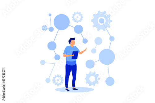 the scientist conducts laboratory studies and studies the statistical data of the results. compound malekul and atoms. modern technology machine learning, flat vector design illustration 