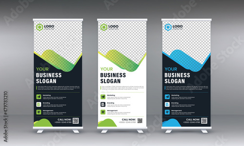Corporate rollup banner template, advertisement, pull up, polygon background, vector illustration, business flyer, and display banner for your Corporate  business, company, and restaurant with 3 color photo