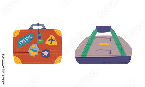 Trunk with Stickers and Bag as Travel and Tourist Item Vector Set